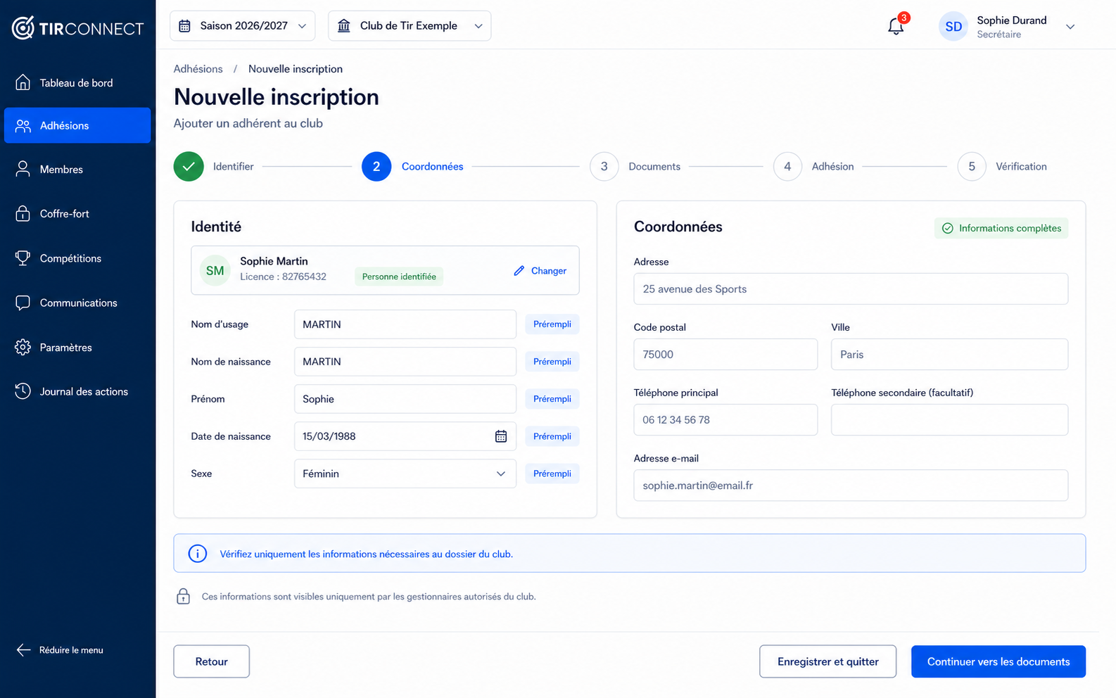 Coordonnées préremplies dans TirConnect