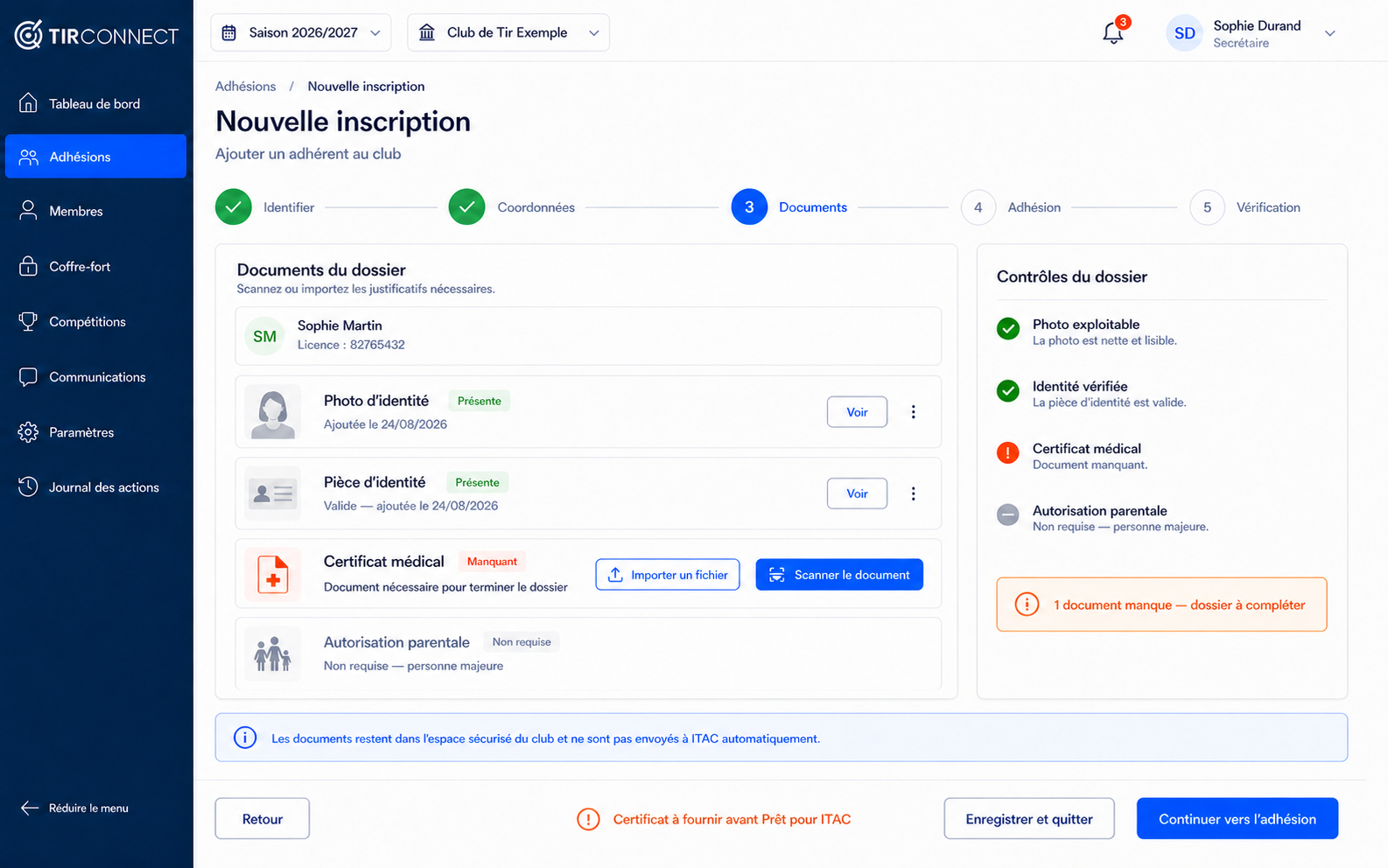 Gestion des documents d'adhésion dans TirConnect