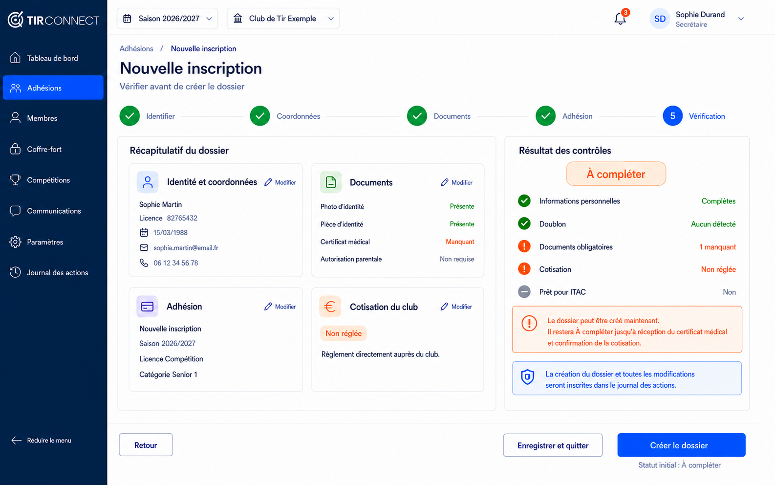 Écran de vérification d'une nouvelle inscription TirConnect