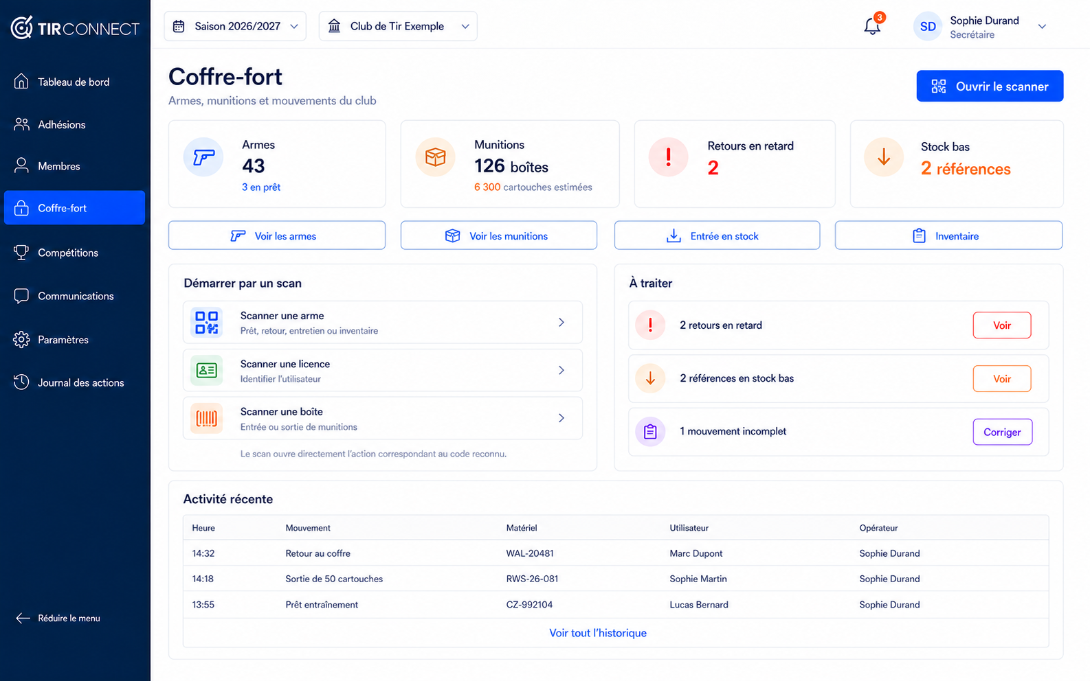 Tableau de bord du coffre-fort TirConnect