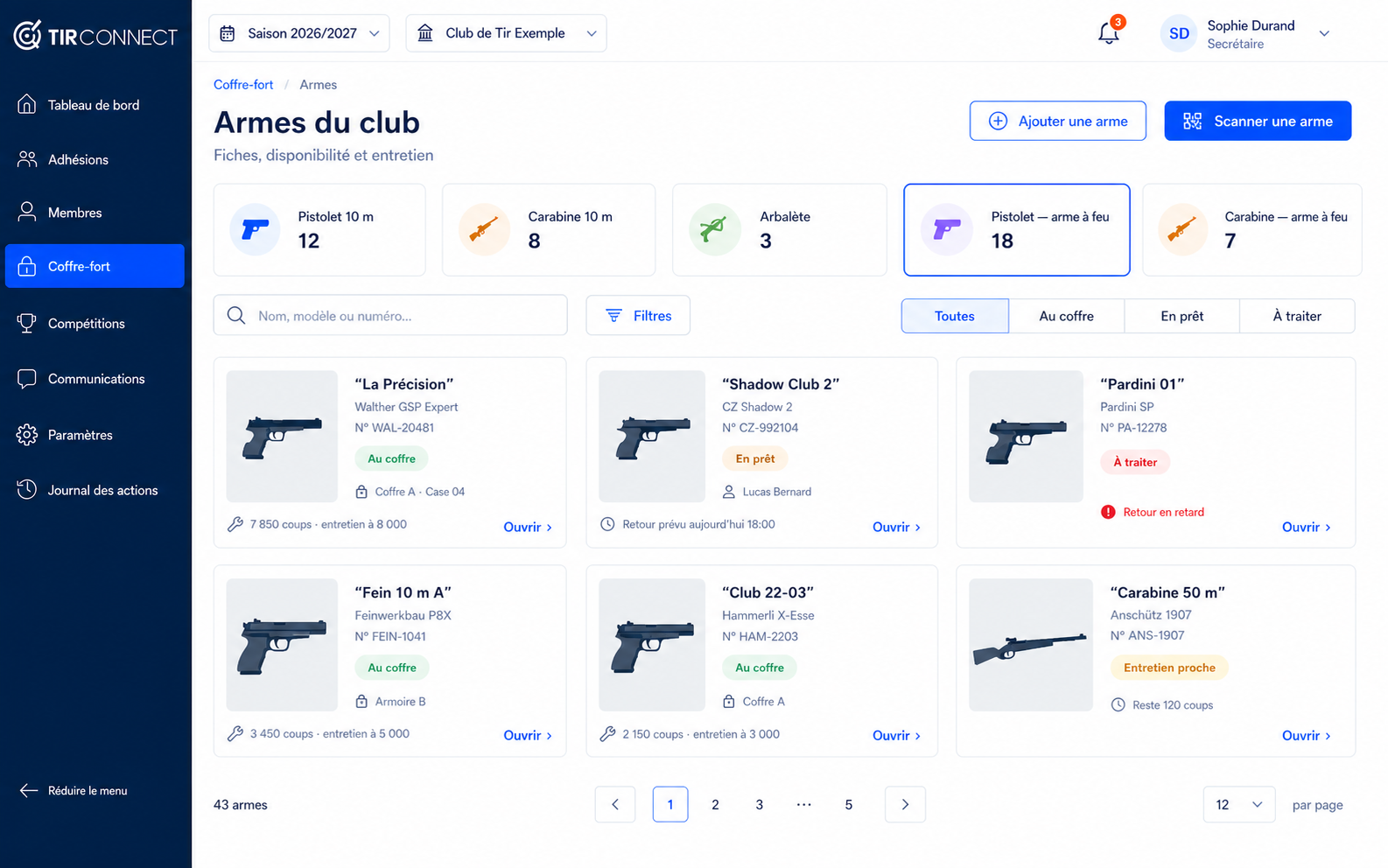 Liste des armes du club dans TirConnect