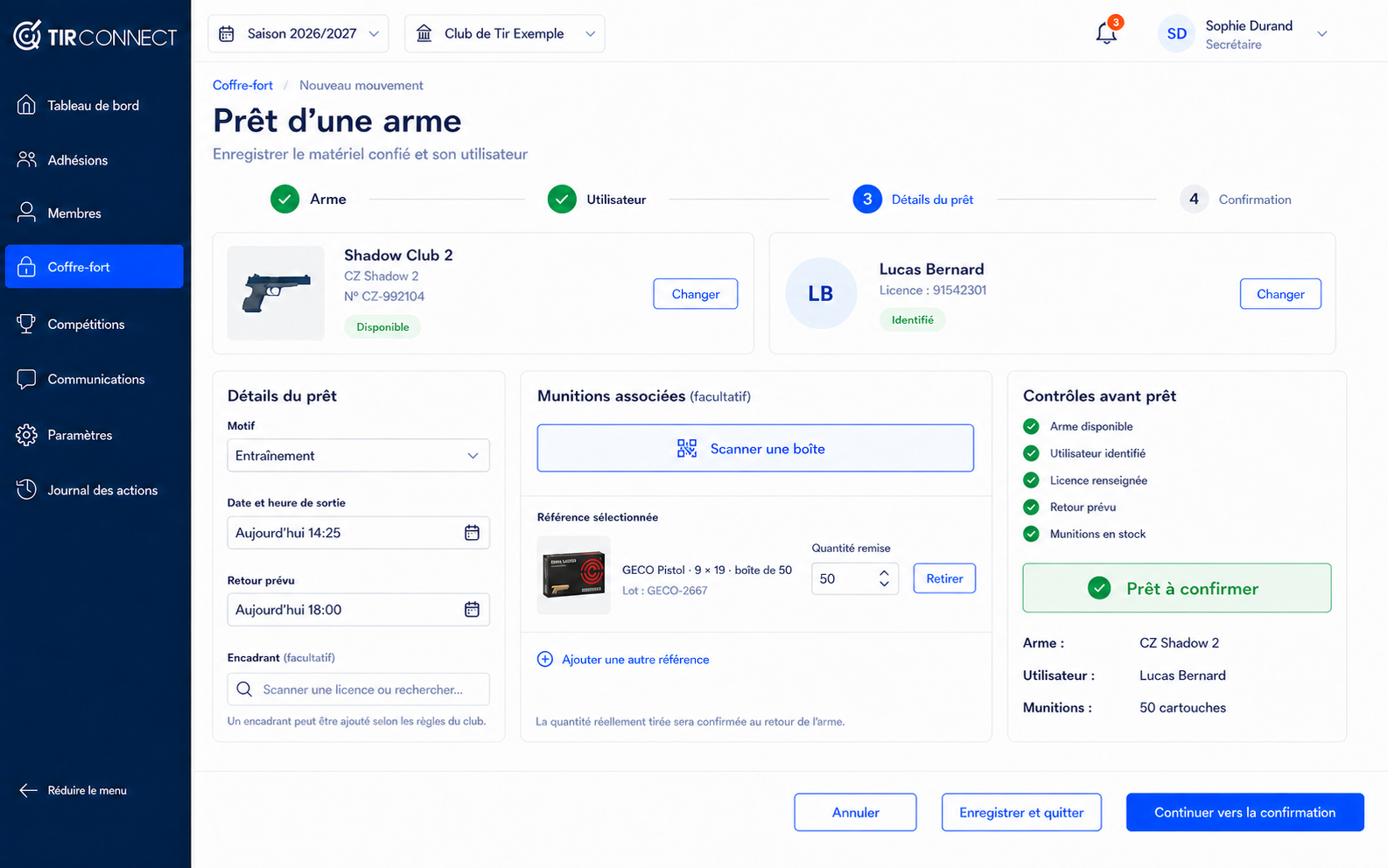 Prêt d'une arme dans TirConnect