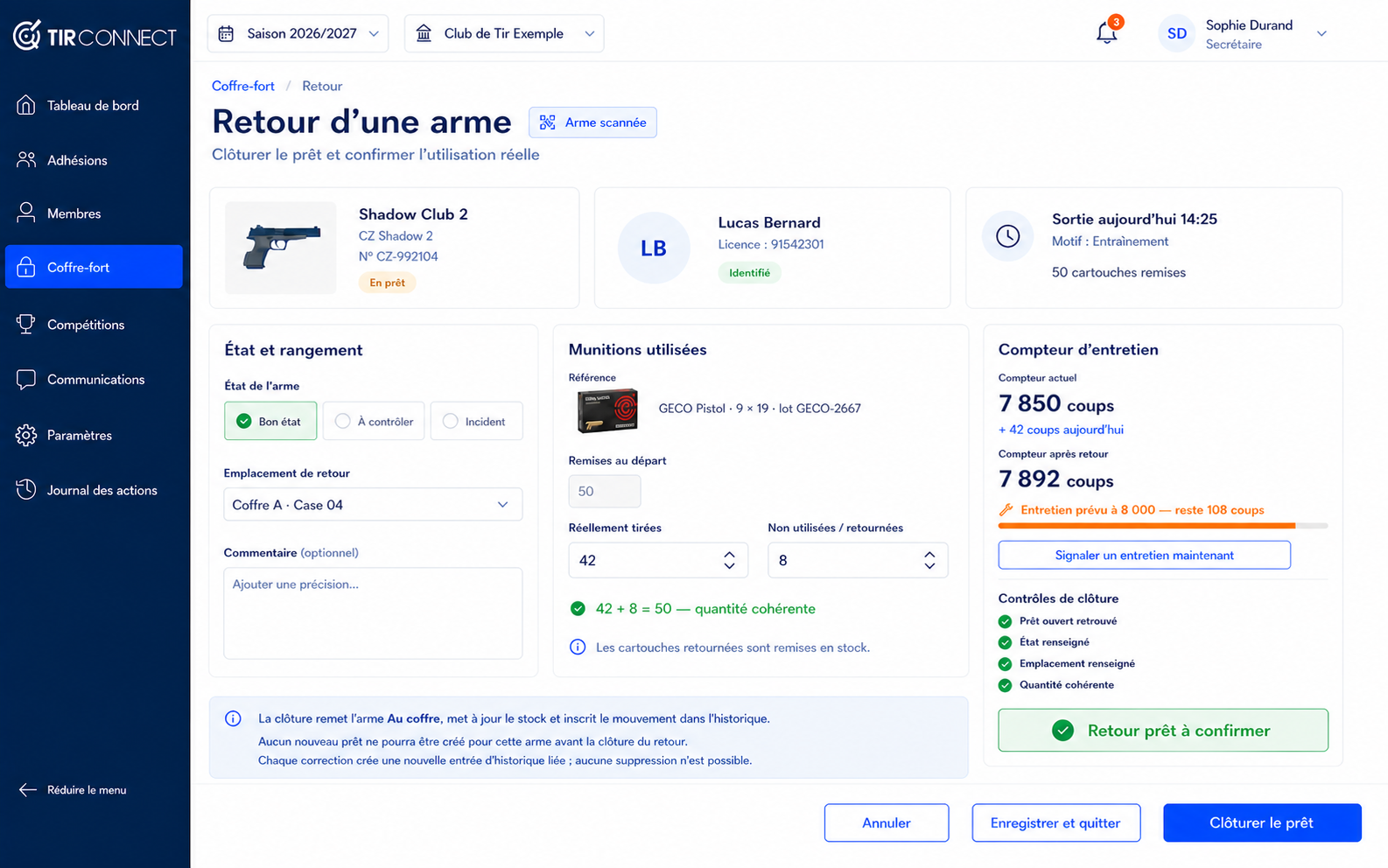 Retour d'une arme dans TirConnect