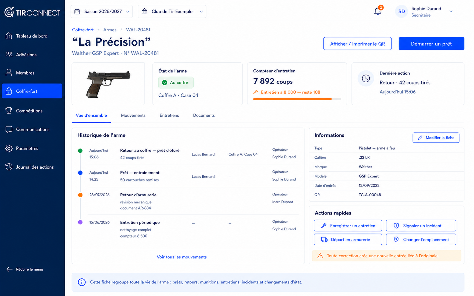 Fiche détaillée et historique d'une arme dans TirConnect